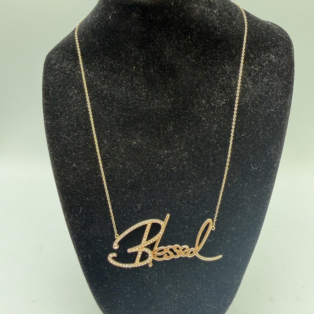 Simone I. Smith “Blessed” Script Necklace Gold Tone Crystal Accent